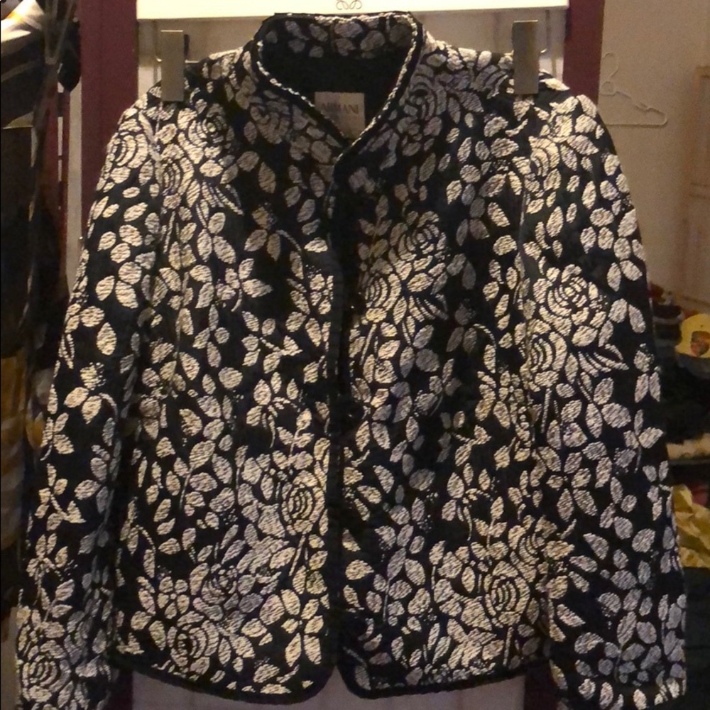 Black Off White Floral Roses Textured Wool Blazer